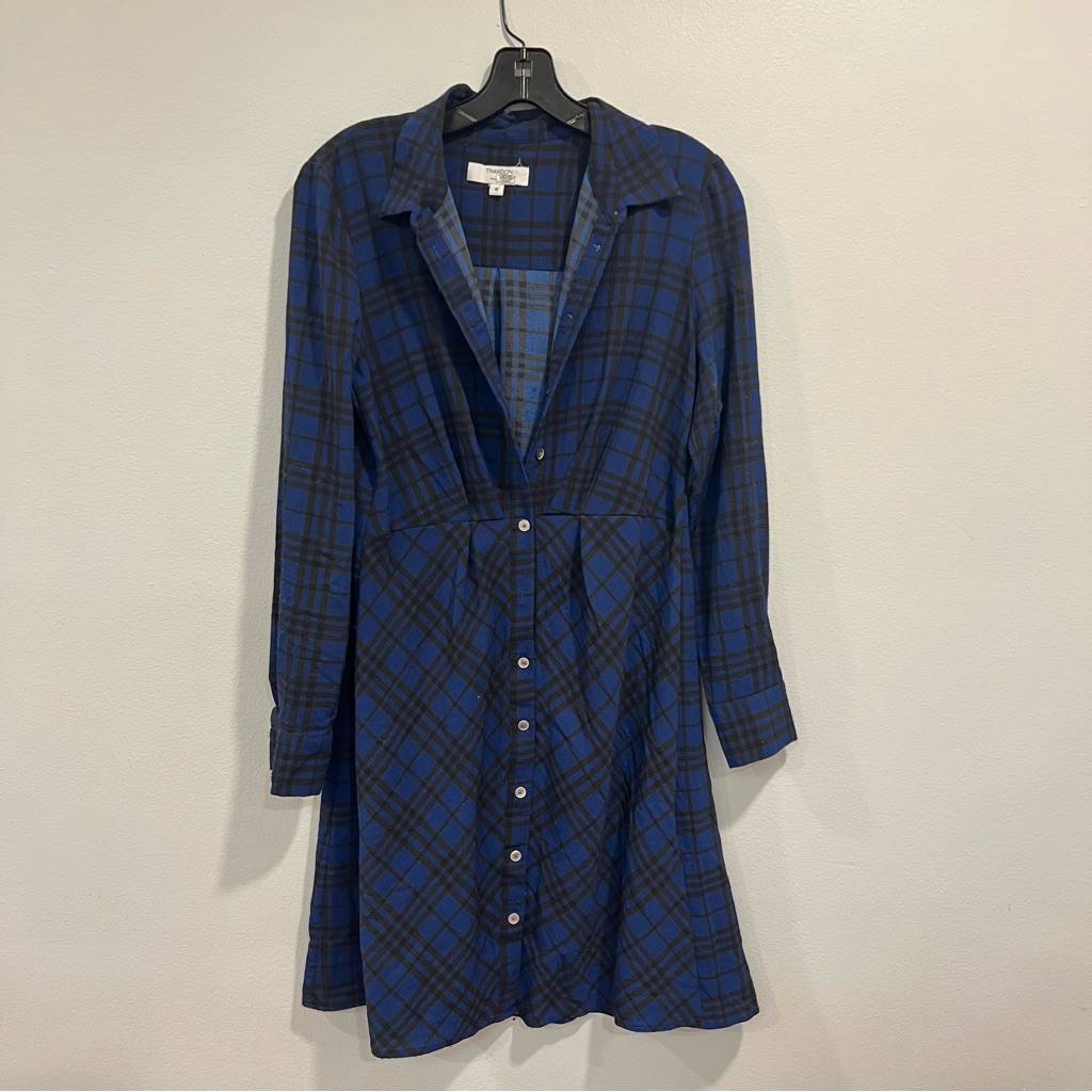 Thakoon Blue & Black Plaid Button-Up Long Sleeves Midi Shirt Dress